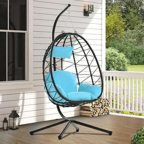 Egg Chair with Stand, Wicker Swing Chair, Patio Hammock Chair with Soft Cushion, Indoor Outdoor Balcony Bedroom Basket Hanging Lounge Chair, Heavy Duty Frame for 300 lbs Weight Capacity, Blue, D6511