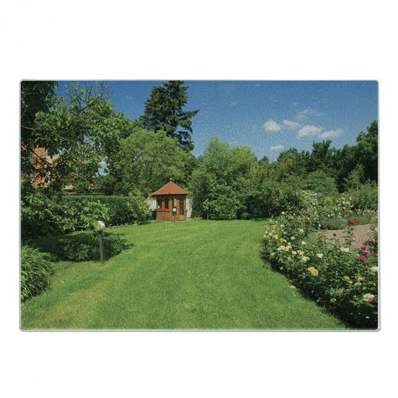 Garden Cutting Board, Peaceful Countryside Landscape with Blooming Roses Brick Path and a Small Gazebo, Decorative Tempered Glass Cutting and Serving Board, Small Size, Multicolor, by Ambesonne