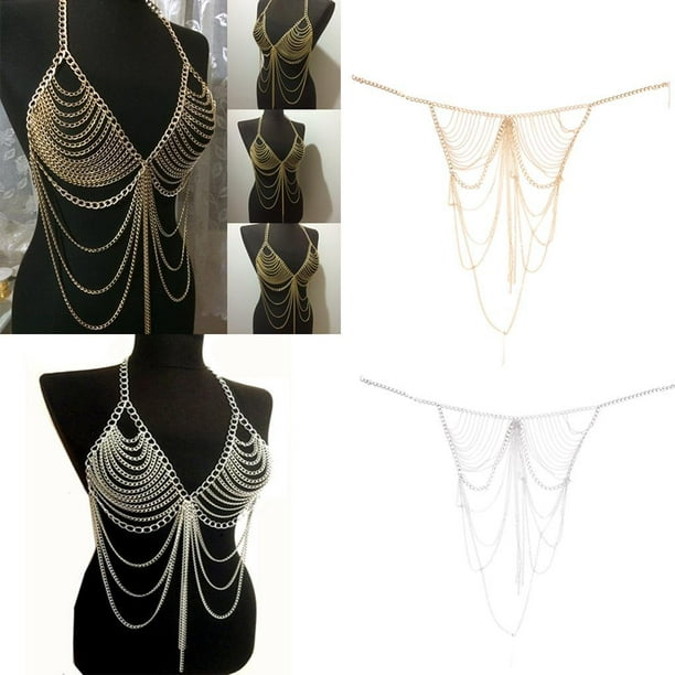 Rhinestone Bra Thong Jewelry for Women Luxury Body Jewelry Chain Harness  Crystal Bikini Underwear (Main Stone Color : Silver Metal Color : Set) (Set