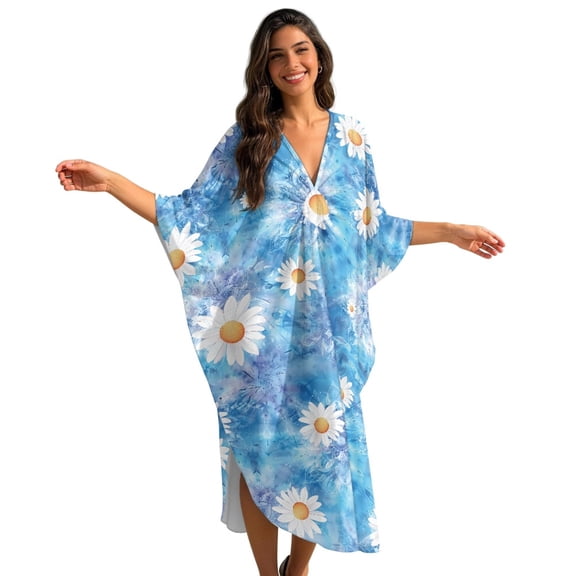 DISNIMO Daisy Print Women's Kaftan Dress V Neck Summer Beach Cover Up for Swimsuit Batwing Sleeve Caftan Dresses Women's Long Cover Up for Bathing Suit