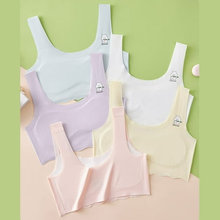 4 PC Girls Bras Silky Seamless Bra Cute Printed Padded Sports Bra Comfort Summer Cooling Bralette  Multi-Pack  L