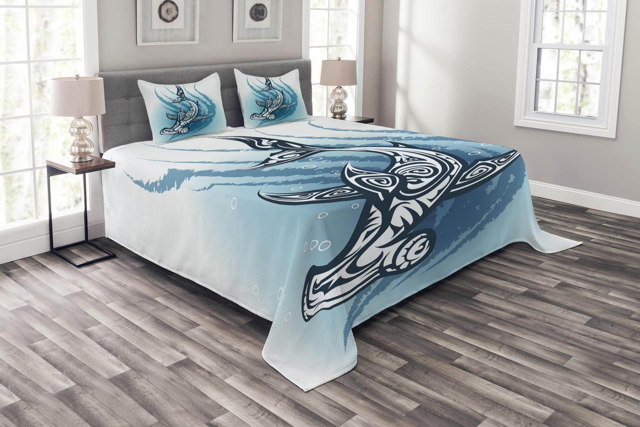 Hammerhead Shark Print Navy Blue Quilted Coverlet Pillow Shams
