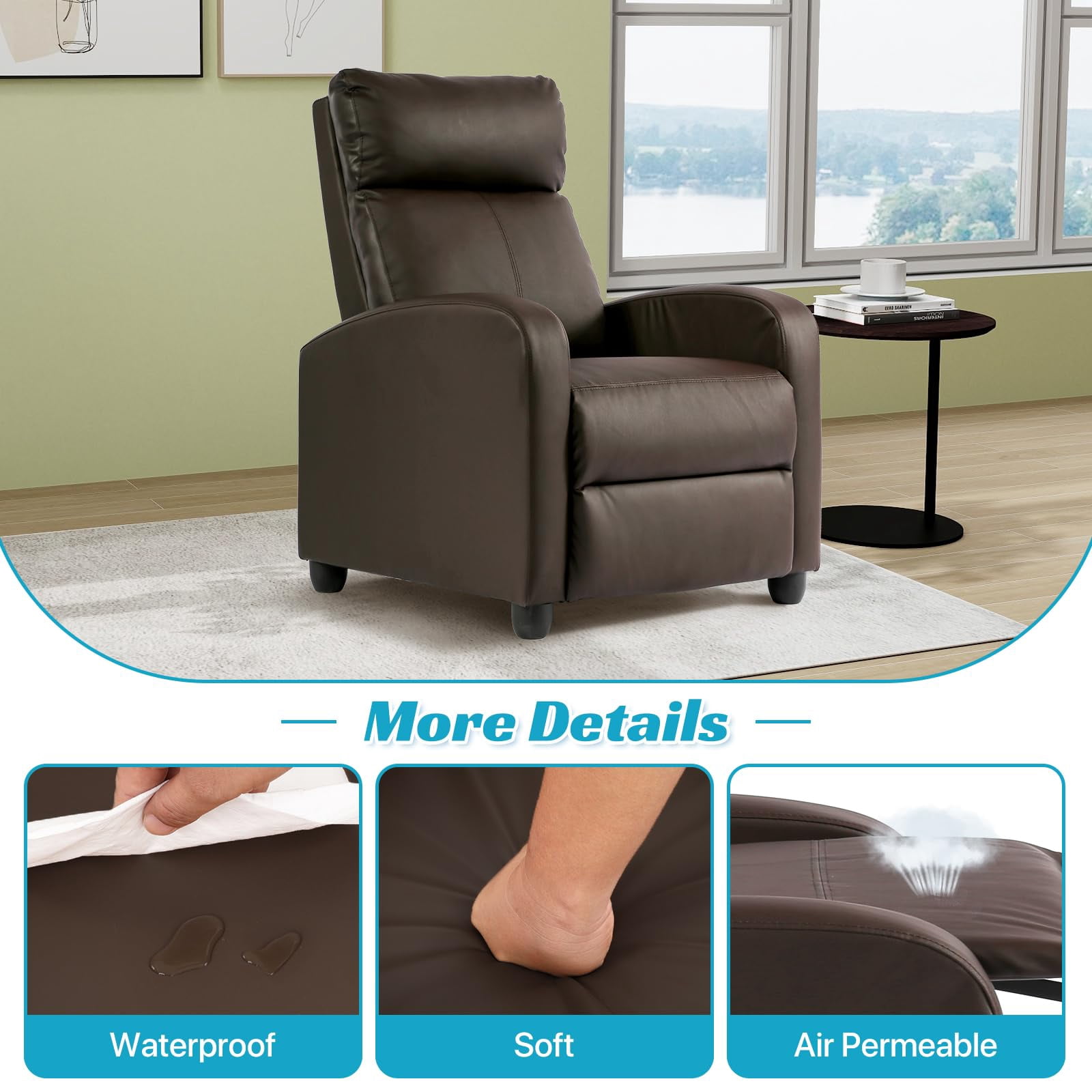 NiamVelo Recliner Chair for Adults, PU Leather Recliner Sofa with Lumbar Support, Adjustable Modern Reclining Chair with Padded Seat Backrest for Home, Living Room, Theater （Brown）