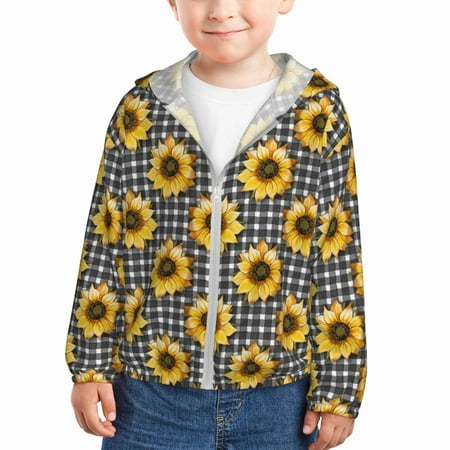 

Rash Guard for Boys Girls - Sunflowers checkered grey white Lightweight Long Sleeve Sun Protection Jacket Hooded Cooling Swim Shirt with Zipper for Toddler Kids Children