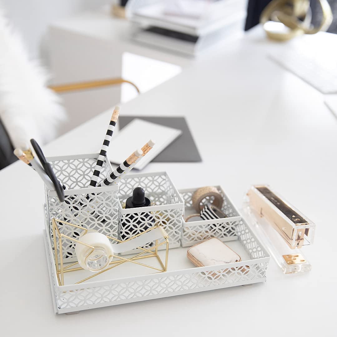 Blu Monaco Office Supplies White Desk Accessories for Women-6 Piece Interlocking Stylish Desk Organizer Set- Pen Cup, 3 Accessory Trays, 2 Letter Trays-White Office Paper Tray Holder
