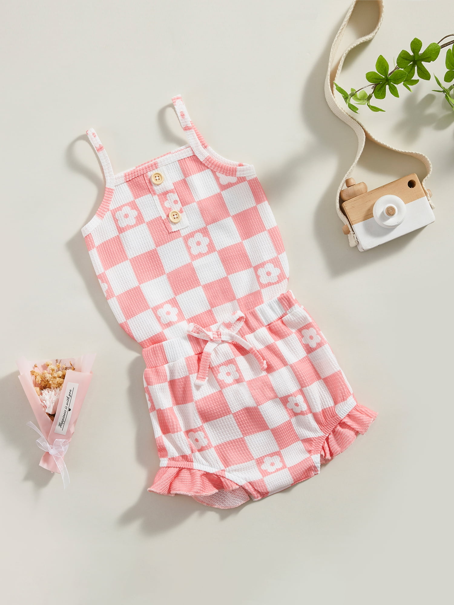 Bagilaanoe 2pcs Newborn Baby Girl Short Pants Set Checkerboard Print  Sleeveless Romper Tops + Ruffle Shorts 3M 6M 12M 18M Infant Casual Summer  Outfits 