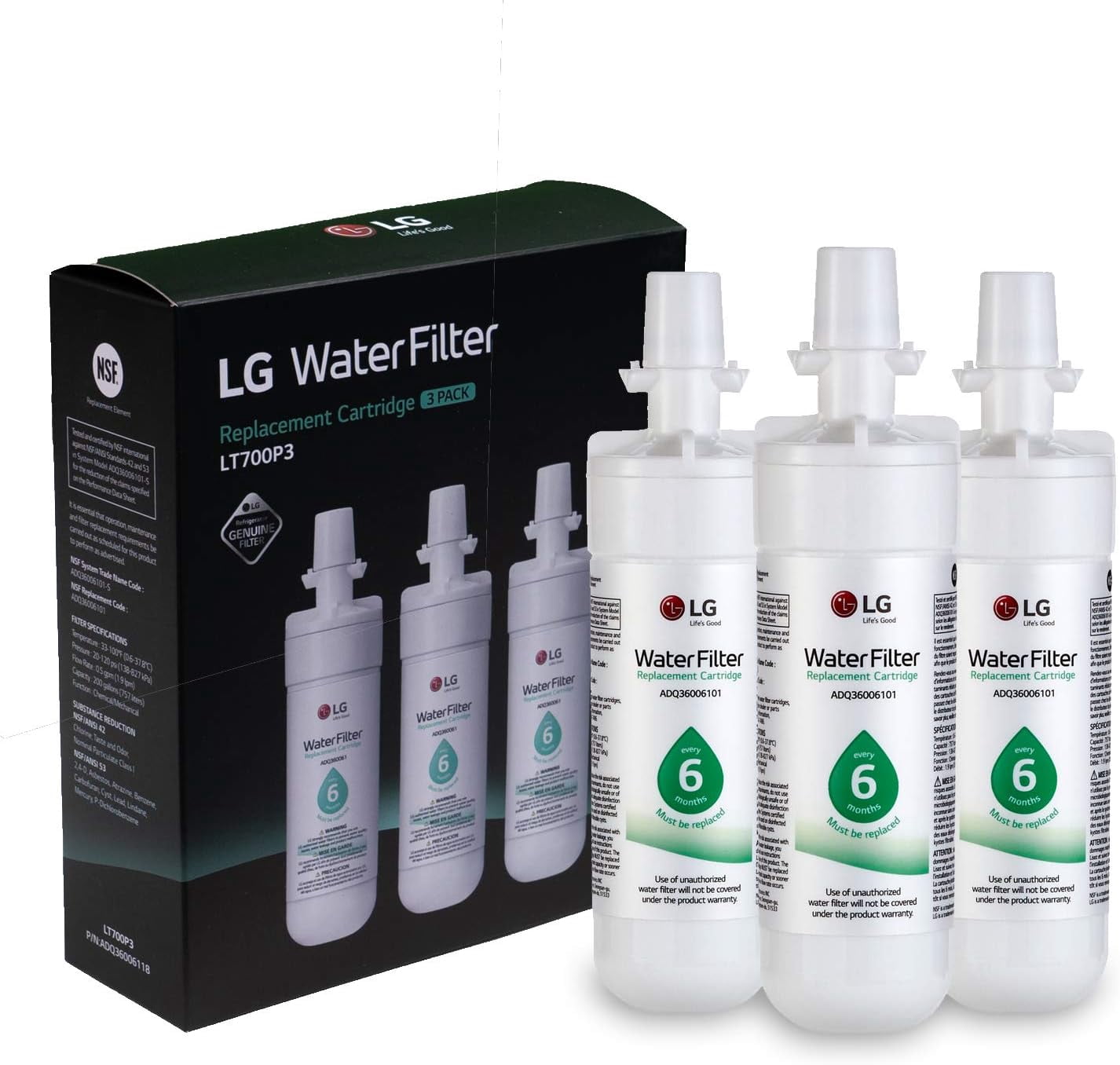 2-Pack LT700P Replacement Refrigerator Water Filter – NSF 42 & 53 Certified, Compatible For LG Fridge Water Filter, 6-Month / 200 Gallon, White