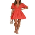 thumbnail image 4 of PENGXIANG Robe d'Été Décontractée pour Femmes en Ligne A Couleur Unie avec Col en V Profond, 4 of 5
