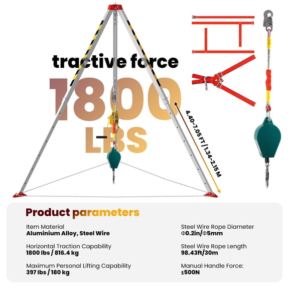 Heavy Duty Aluminium Tripod - 1800 lbs Pulling Force, Steel Pulley - Perfect for Sewer, Well & Tunnel Operations