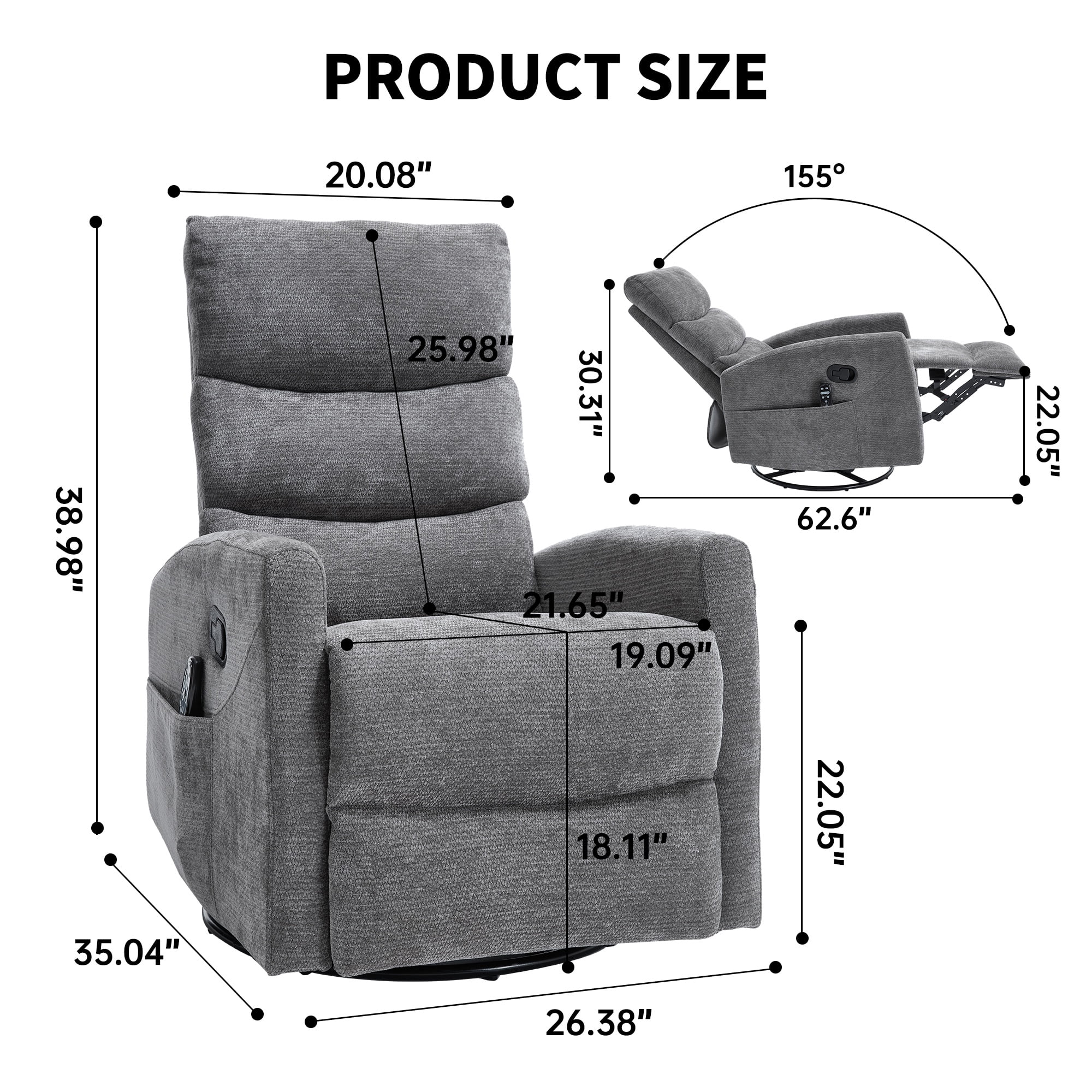 PAPROOS Rocker Recliner with Heat and Massage, Fabric 360° Swivel Rocking Recliner, Glider Rocking Chair for Nursery, Manual Recliner with Side Pocket for Adults for Home Theater Living Room, Gray