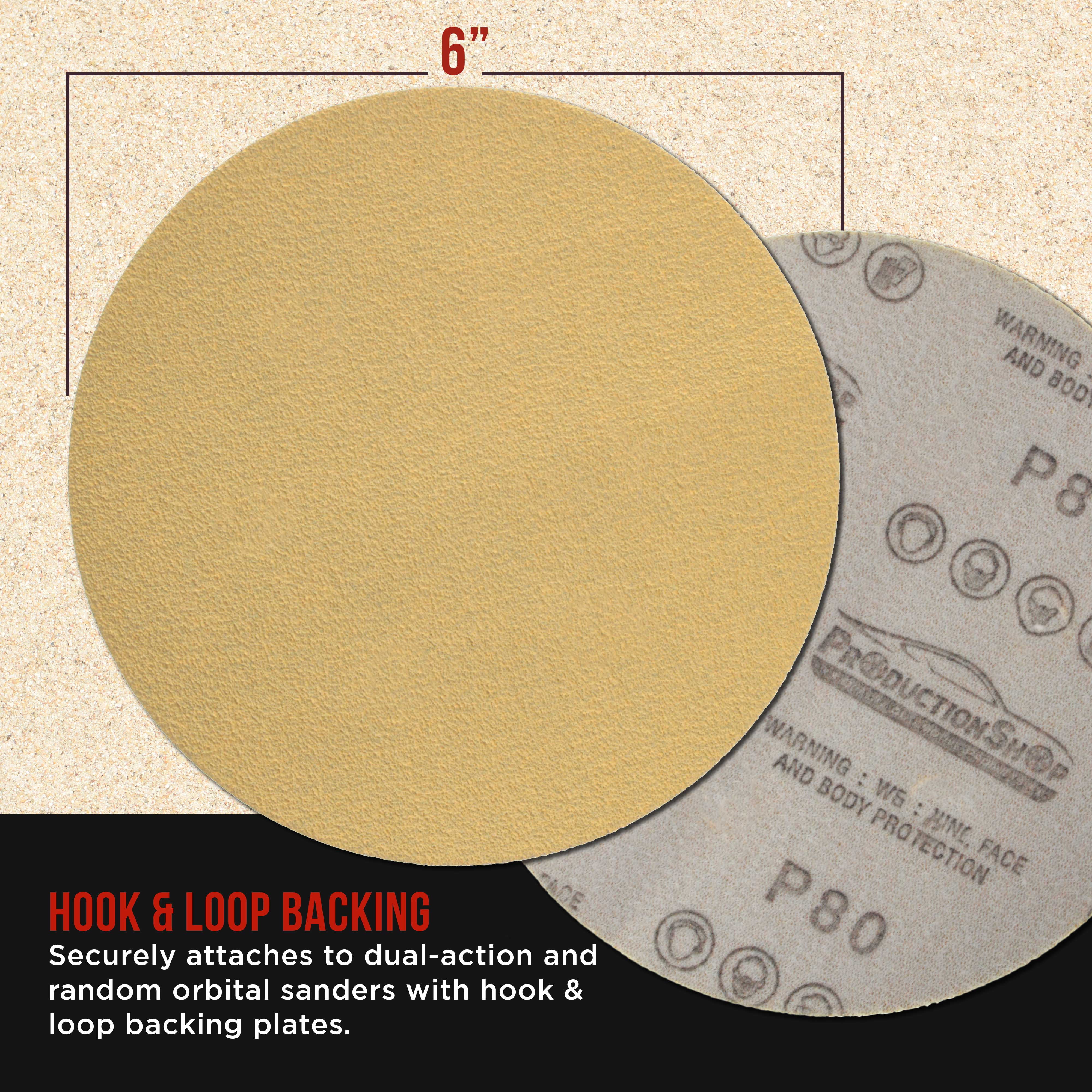ProductionShop Premium 80 Grit 6" Gold Sanding Discs, Box of 100 - Hook & Loop Backing Abrasive Sandpaper for DA & Random Orbital Sanders - Sand Auto Paint, Metal, Wood, Woodworking Furniture