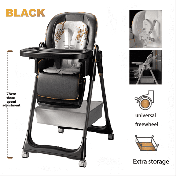 Baby Feeding High Chairs,Baby Portable Folding Dining Chairs for 6 Months to 3 Years,Adjustable Height,PU leather,Unisex,BLACK