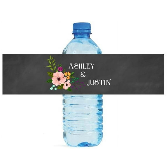 100 Chalkboard Floral Wedding Birthday Party Water Bottle Labels 8"x2"