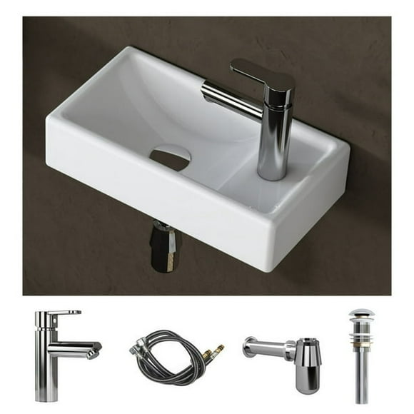 MEJE 16" Wall-Mount Bathroom Sink Combo, Small Rectangular Ceramic Basin with Right-Hand Faucet Set, Includes Tap & Pop-Up Drain