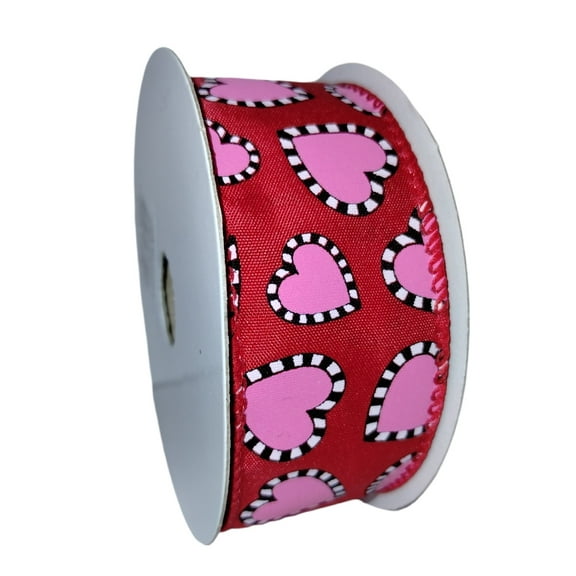1.5" x 10 yards Dashed Edge Pink Heart Wired Ribbon