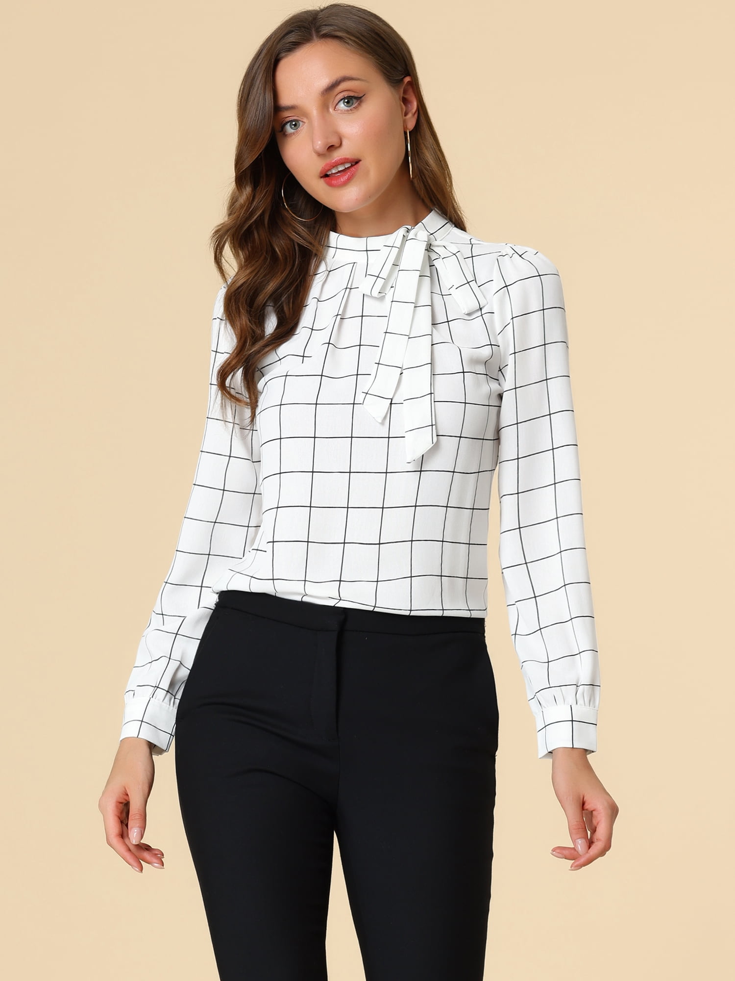 DARING DIVA Bow-Tie Neck Office Work Checks Shirt Top XS White