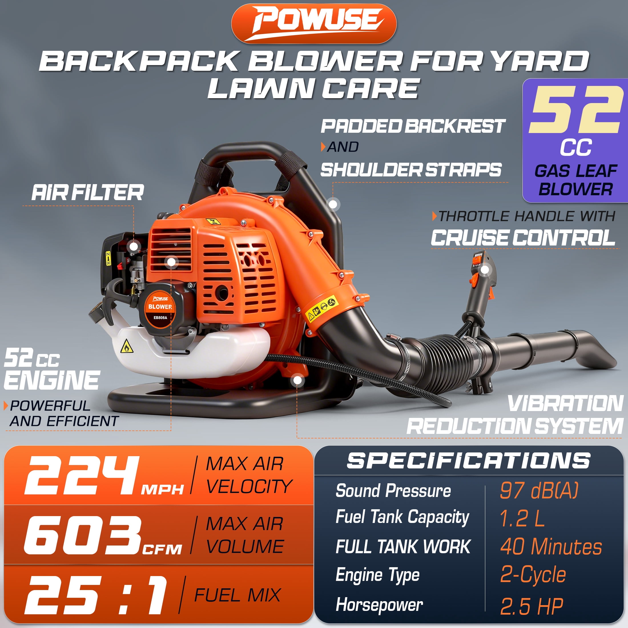 52cc 603 CFM 224 MPH Lightweight Backpack Leaf Blower Gas Powered, 2-Cycle Gasoline Blower with Cruise Control, Professional Backpack Blowers for Lawn Care, Large Yard Waste, Grass & Debris Cleaning