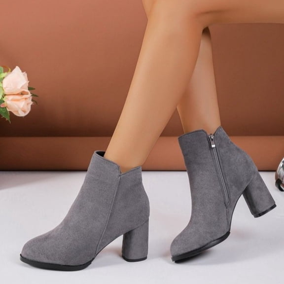 PiGOGI Women's Large Size Round Toe Short Boots Thick Heel Side Zipper Fall Winter for Comfort Gray 9