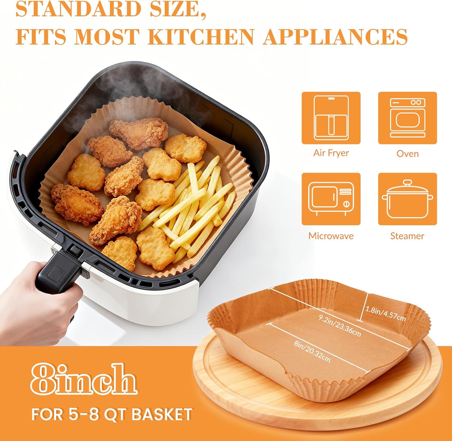 JJEAN-250 Pcs 8 Inch Square Air Fryer Liners Disposable for Home Bakers - Thickened Air Fryer Liners - Withstands up to 450°F Heat - for Air Fryer 5 to 8 Qt