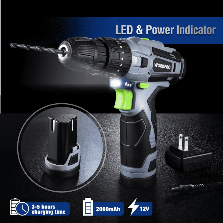 WORKPRO 12V Cordless Drill, Power Tool Set for Home, 177 Pieces Combo Kit with 14-inch Storage Bag and 2000mAh Lithium-Ion Battery & Charger