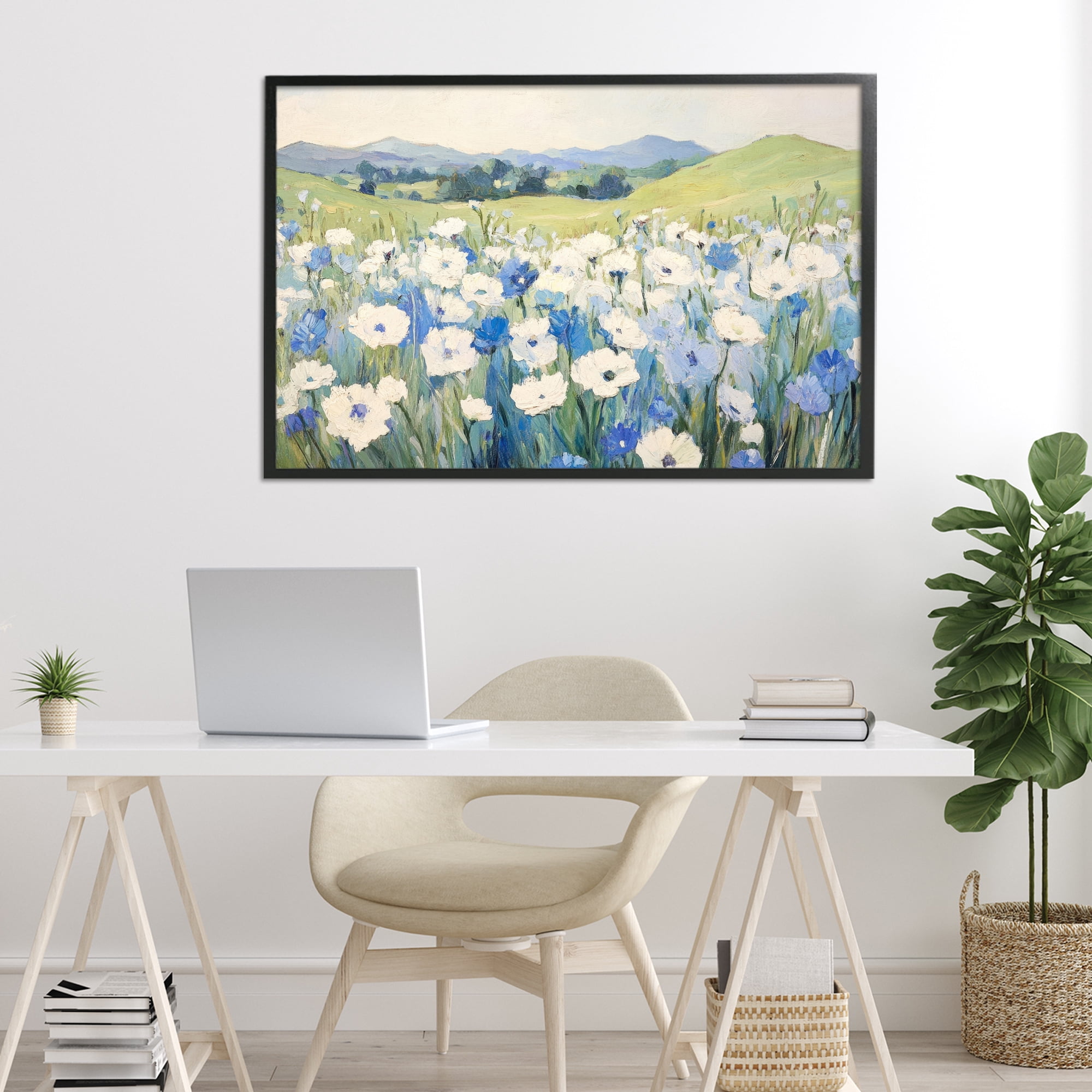 Stupell Industries Blue & White Daisies Black Framed Giclee Art, design by Petal Prints Design