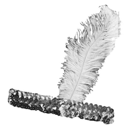 Roaring 20's Silver Sequined Showgirl Flapper Headband w/ White Feather Plume