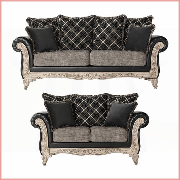 San Marino Traditional 2-Tone Faux Leather & Fabric Sofa Loveseat Set – Hand-Carved Wood Frame for Living Room