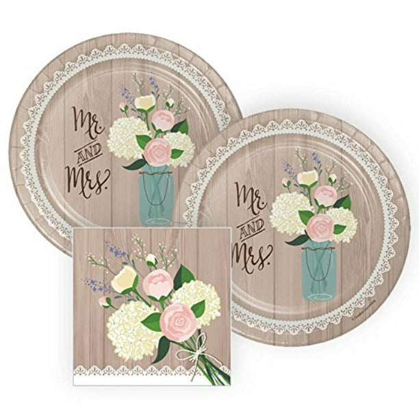 rustic wedding bridal shower paper plates and napkins, 16 servings