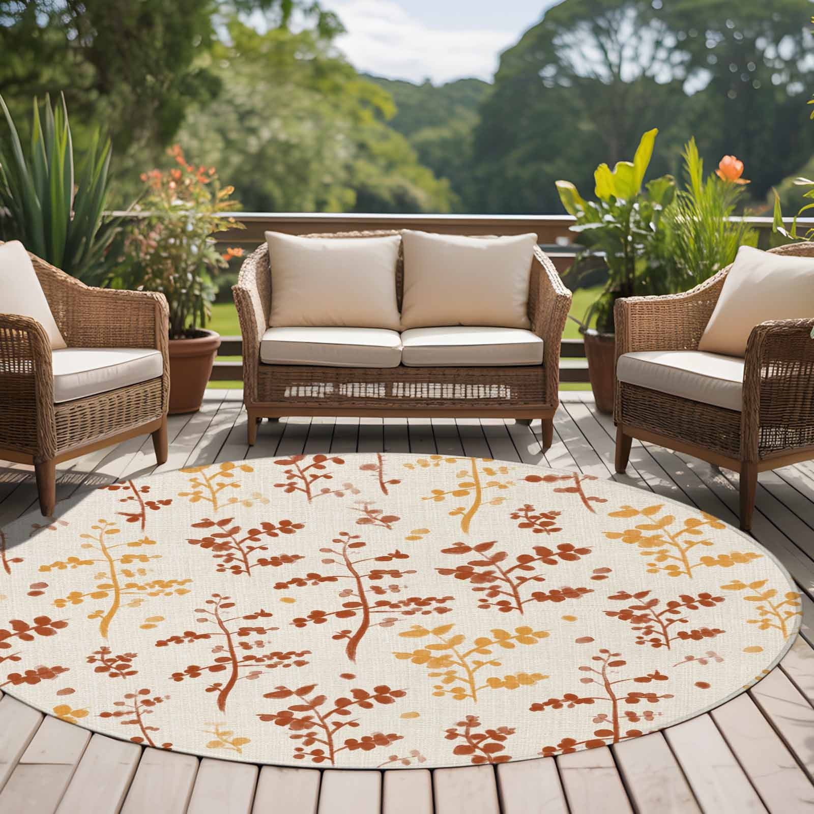 Orange Yellow Botanical Round Area Rug 6Ft Washable Circle Rugs for Bathroom Office, Rustic Country Spring Floral Summer Leaf Non-Slip Carpet Floor Mats Indoor Outdoor Carpet Runner Home Decor