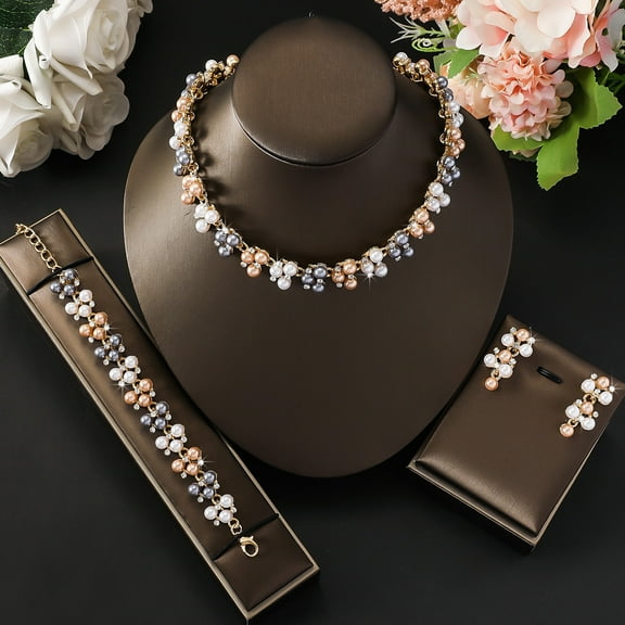 Faty-T Rhinestone Necklace Earring Set Faux Pearl Necklace and Dangle Earrings Wedding Bridal Jewelry Crystal Necklaces for Women