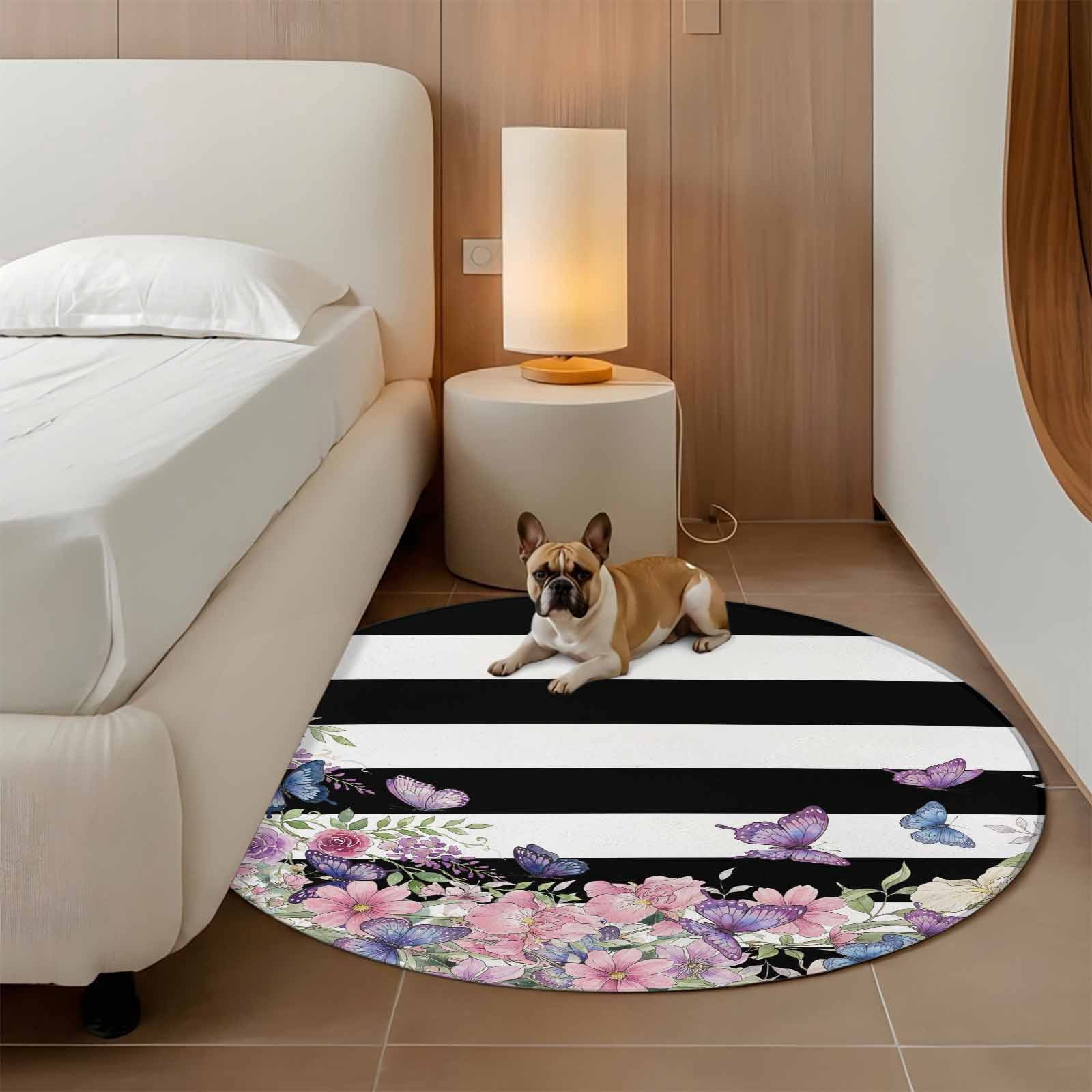 Pink Flowers Round Area Rug 5Ft Washable Circle Rugs for Living Room Bedroom, Spring Floral Watercolor Botanical Farmhouse Striped Non-Slip Carpet Floor Mats Indoor Outdoor Carpet Runner Home Decor