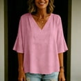 thumbnail image 5 of Miluxas Women's Summer V Neck 3/4 Sleeve Blouse Comfy Linen Blend Loose Fit Casual Tunic Shirts Pink, 5 of 8