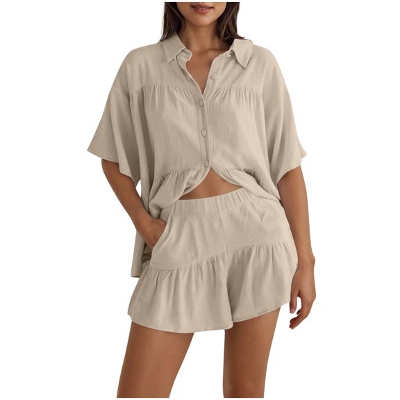UPPADA Two Piece Summer Outfit for Women Button Down Shirts and Elastic Shorts Dressy Casual Outfits Sets Lounge Sets for Ladies Beige,L