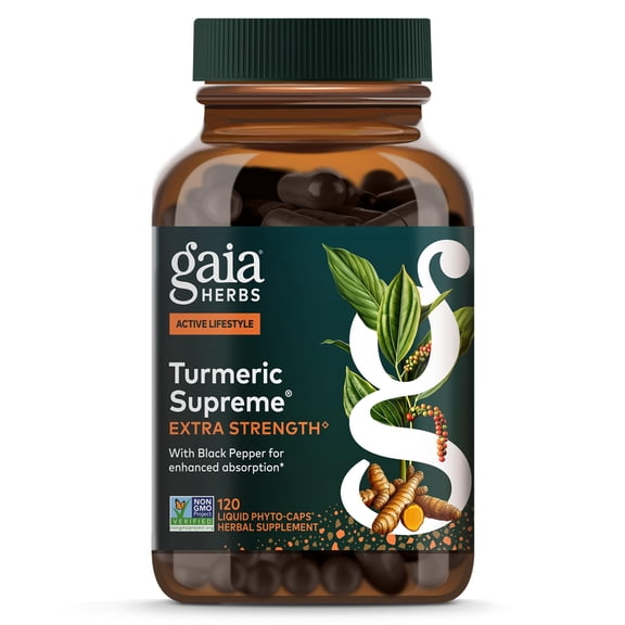 Gaia Herbs Turmeric Supreme Extra Strength - Supports Occasional Discomfort from Normal Wear & Tear* - with Turmeric Curcumin & Black Pepper - 120 Vegan Liquid Phyto-Caps (Up to 120 Servings)