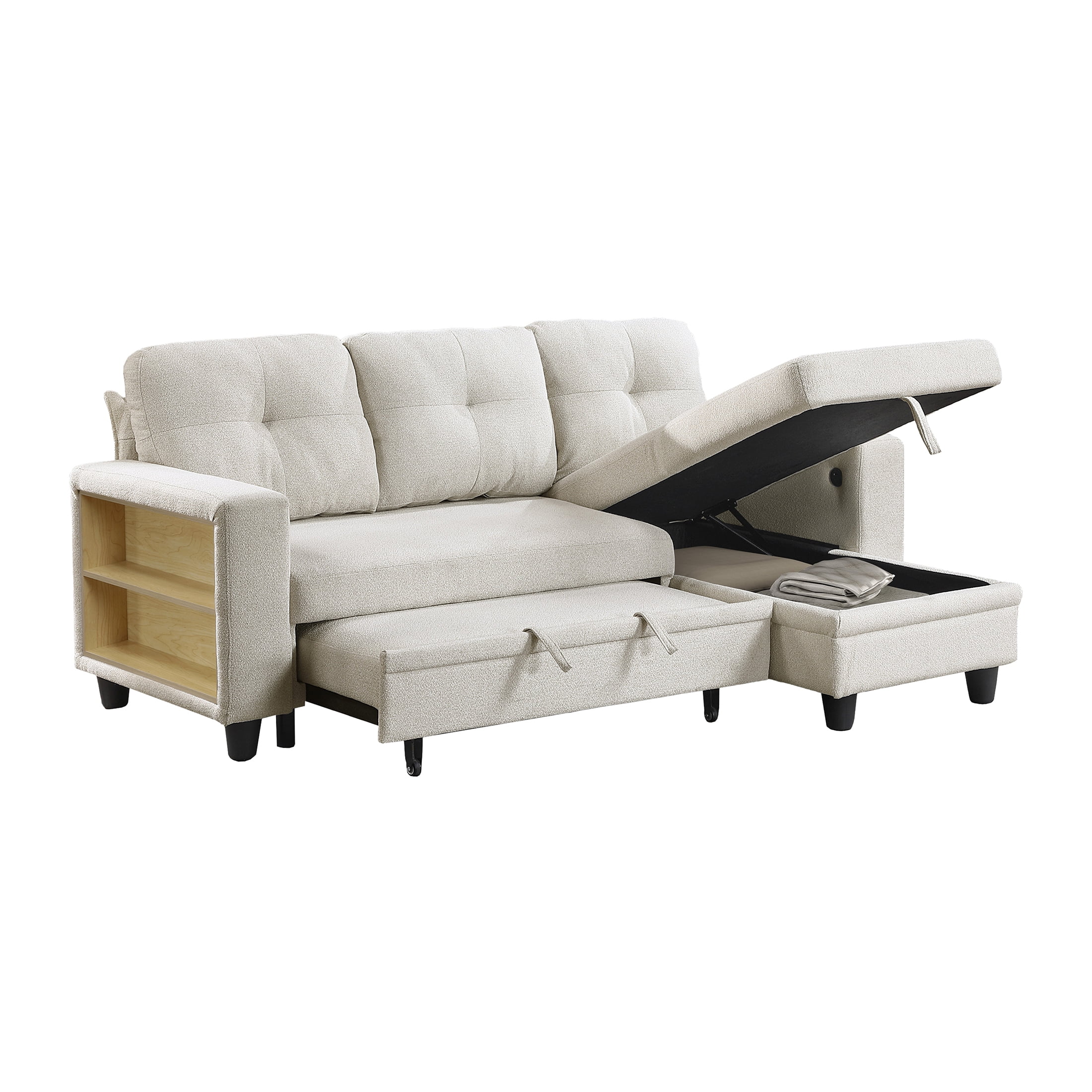 OakvillePark Vessarion Boucle Sectional with Reversible Chaise, Pull-out Bed, Shelves and Charging Ports, Beige