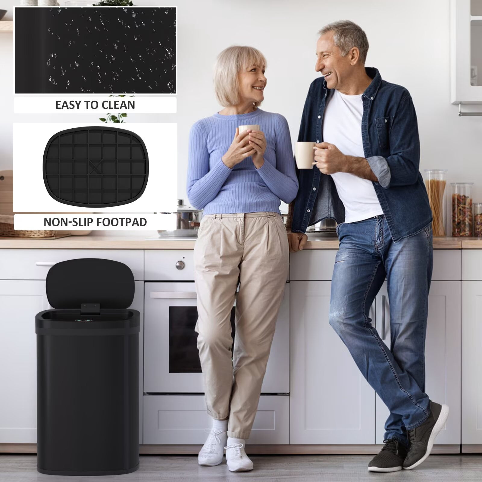 YRLLENSDAN 13 Gallon Touchless Stainless Steel Trash Can, Automatic Garbage Cans with Lid, Motion Sensor Wateproof Trash Bin for Kitchen Bedroom Bathroom Office, Black