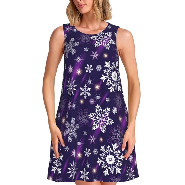 Fotbe Christmas Purple Snowflakes Vestido de Verano sin Mangas para Mujer – Vestido Midi Línea A, Estilo Camiseta Floral, Vestido Playero Casual y Fluido