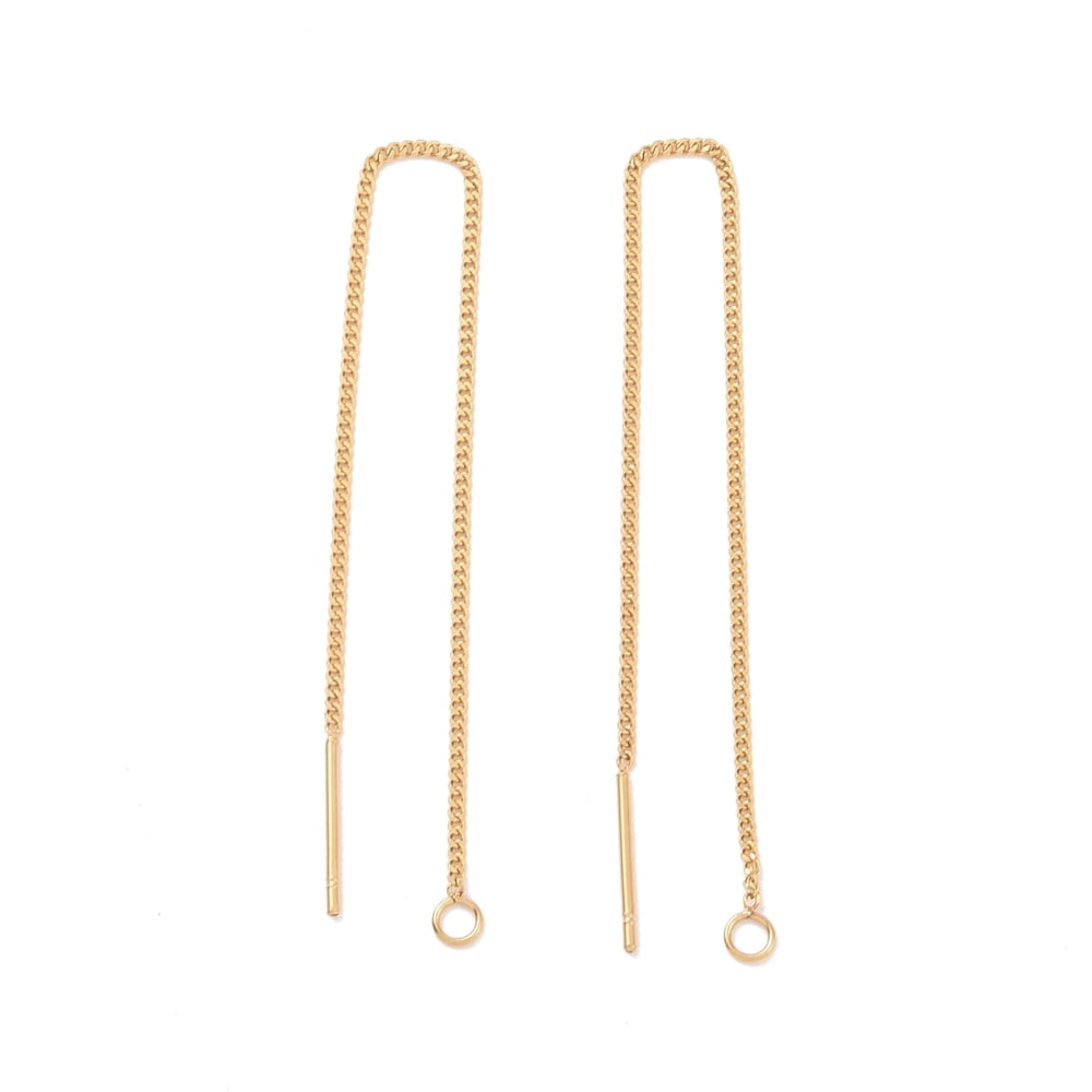 Ion Plating(IP) 304 Stainless Steel Stud Earring Finding Curb Chains Ear Thread with Loops Golden 109x1x0.4mm Hole: 1.7mm Pin: 0.7mm