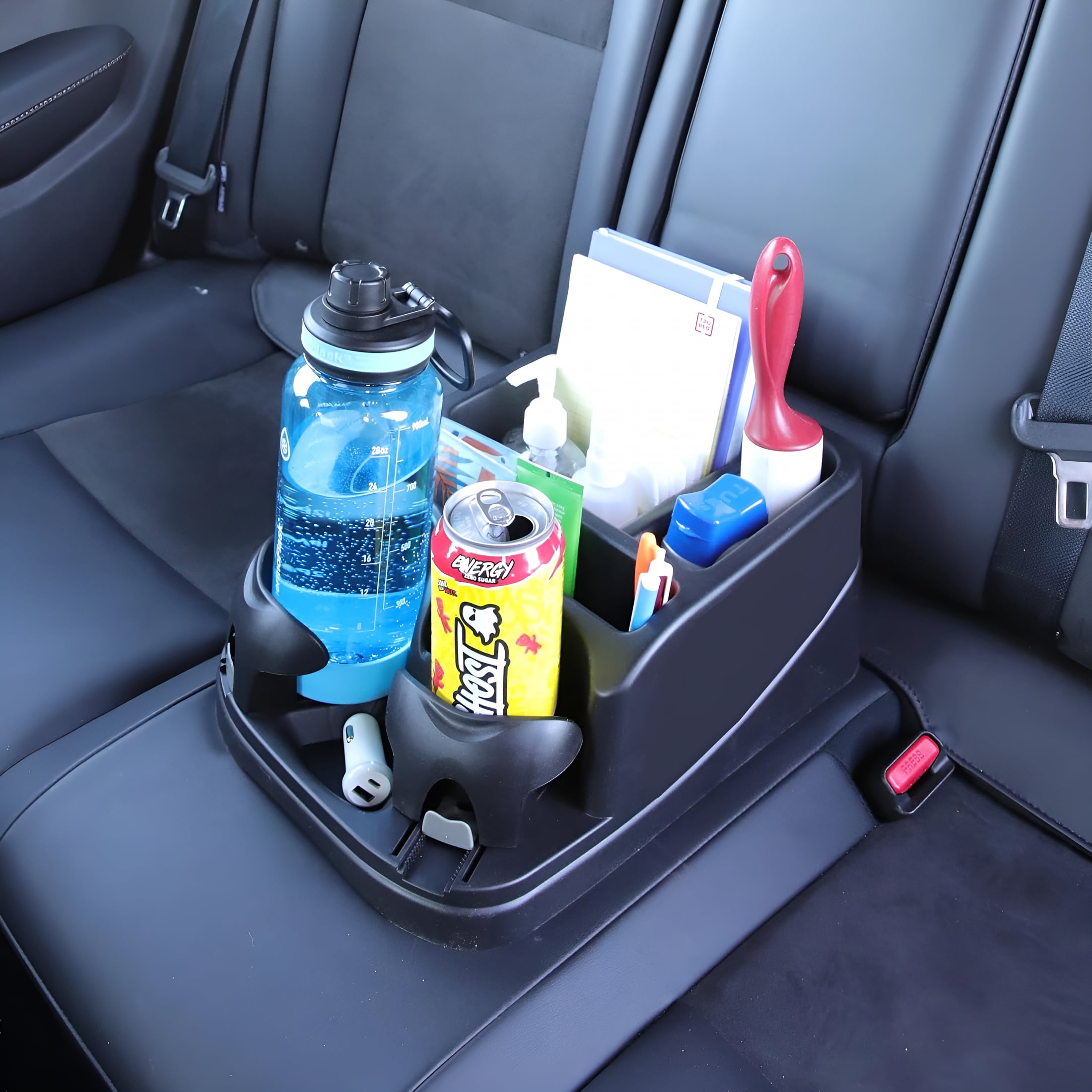 XIBUFE Car Console Organizer,Car Seat Organizer with 2 Adjustable Cup Holders,3 Large Storage Compartments,Seatbelt for Secure Hold,Vehicle Middle Seat Organizer for Cars,Trucks,Minivans