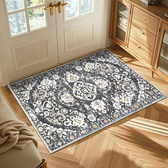 MeyJey Boho Indoor Living Room Area Rug 2'x3', Non-Slip Machine Washable Vintage Oriental Distressed Floor Carpet for Bedroom Dining, Gray/Brown