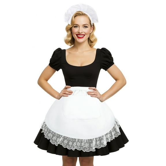 Aspire Waist Apron White with Headband, Lace Half Apron with Pockets for Women, Cotton Vintage Maid Costume for Cosplay, Cooking - S