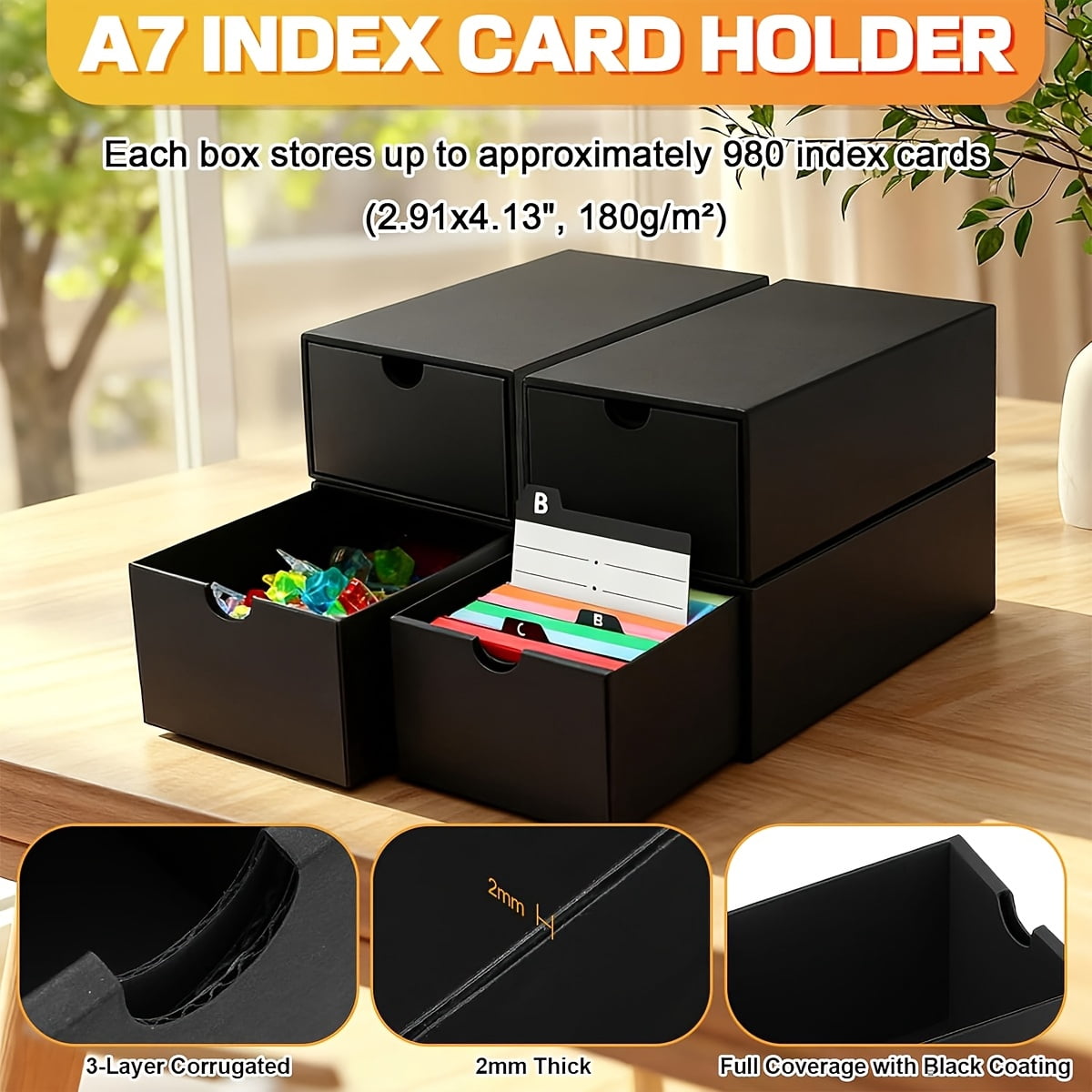 4Pack Index Card Holder with 140 Card Dividers, Total Hold 4000 Cards Index Card Box, Flash Card Holder, Index Cards Case, for Note Card Organizer, Black Index Card Storage Box for Notecard Recipe