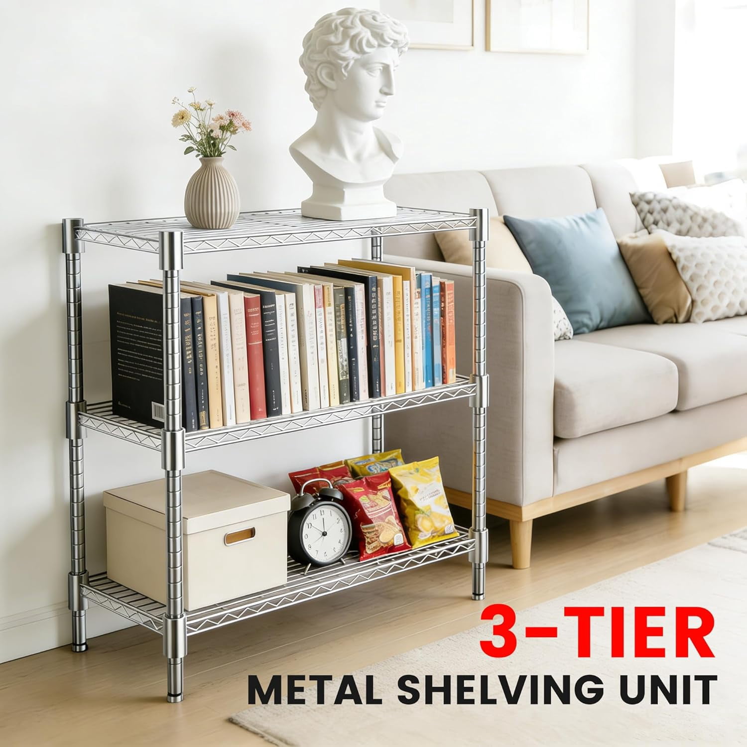Xcity Storage Shelves, 3 Tier Heavy Duty Metal Shelving Unit, 1200 LBS Capacity Adjustable Steel Wire Shelf Organizer for Pantry, Kitchen, Garage, 14" D x 36" W x 36" H, Chrome