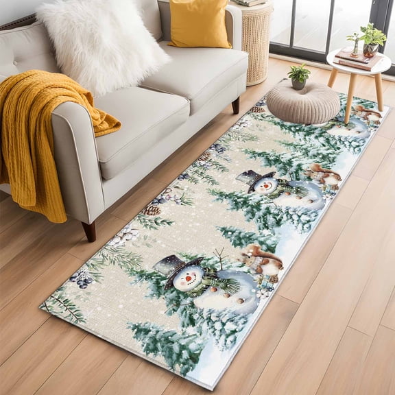 Snowman Christmas Kitchen Runner Rug 2x6 Washable Runners for Hallway Non Slip Xmas Tree Weeping Pine Cones Rustic Large Area Rug Indoor Floor Carpet for Bathroom Laundry Entryway Bedroom Living Room
