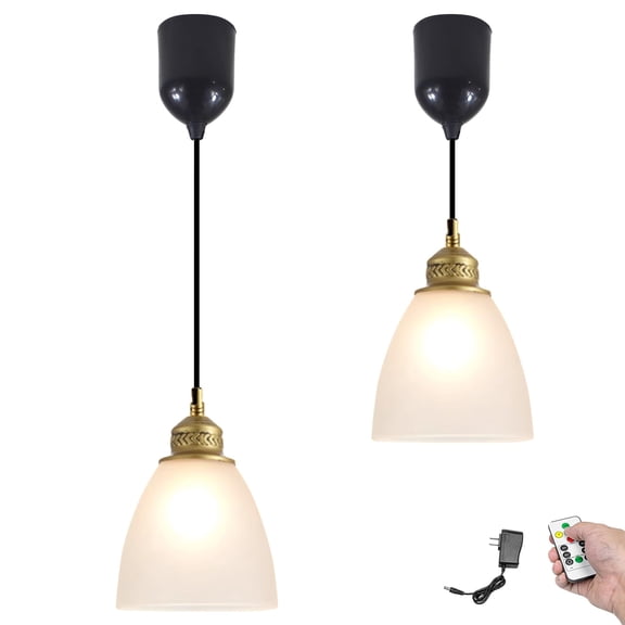 Kiven Battery Operated Pendant Light with Remote Control, Set of 2 Rechargeable Hanging Pendant Light Adjustable Height with Frosted Glass Lampshade for Bedroom Kitchen Home Decor TB3508