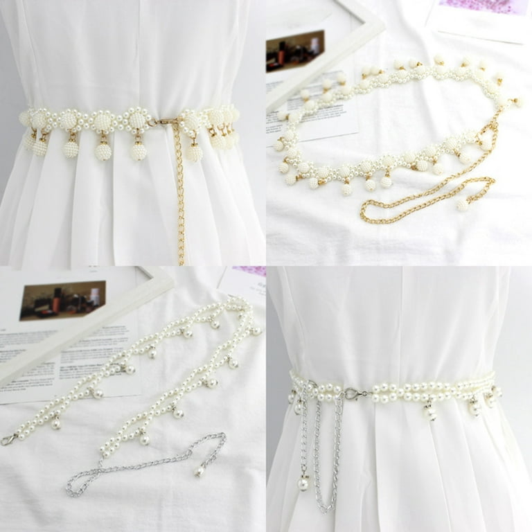 Wriidy Pearl Belt White Women Wasit Chain Adjustable Plus Size Belts Body Accessories for Dress
