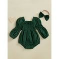thumbnail image 4 of Miaouyo Infant Baby Girls Spring Fall Romper 0 3 6 12 18 Months Long Sleeve Square Neck Solid Color Romper with Headband, 4 of 9