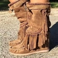 thumbnail image 2 of Fringe Cowboy Boots for Women's, Winter Faux Suede Ankle Boots Round Toe Warm Flat Dress Cowgirl Booties Vintage Mid Calf Riding Boots, 2 of 2