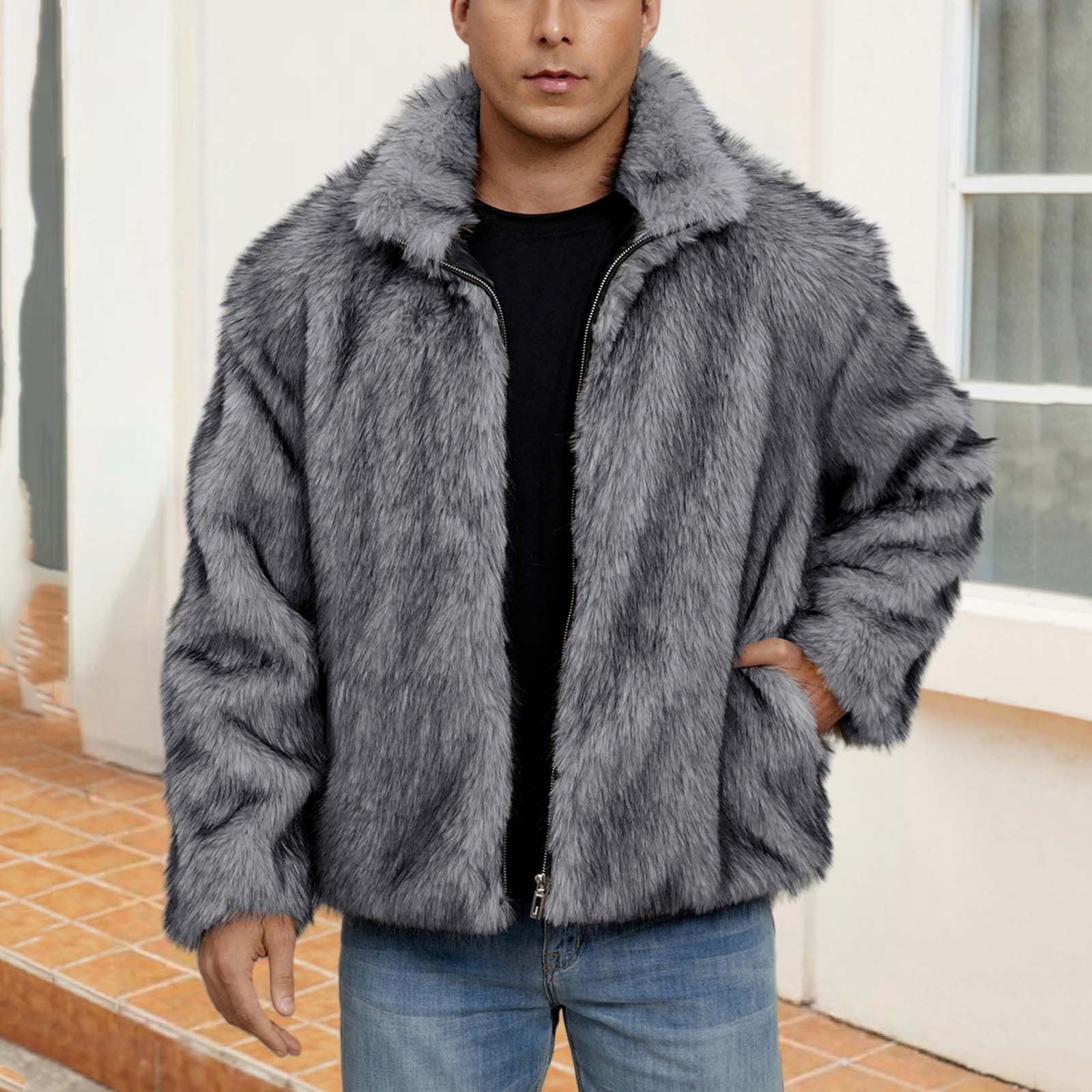 Xcmzpl Faux Fur Jackets for Men Full Zip Lapel Collar Winter Coats