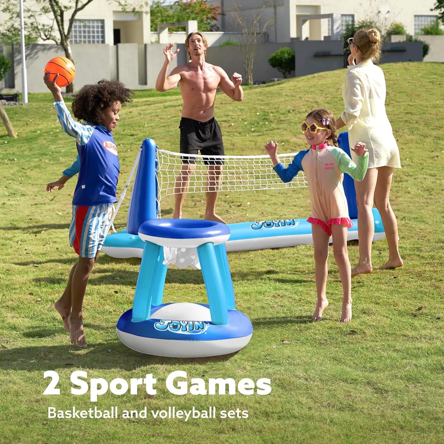 Joyfy Pool Games Set with Pool Volleyball Net & Pool Basketball Hoops, Summer Pool Float for Adults - Dark Blue